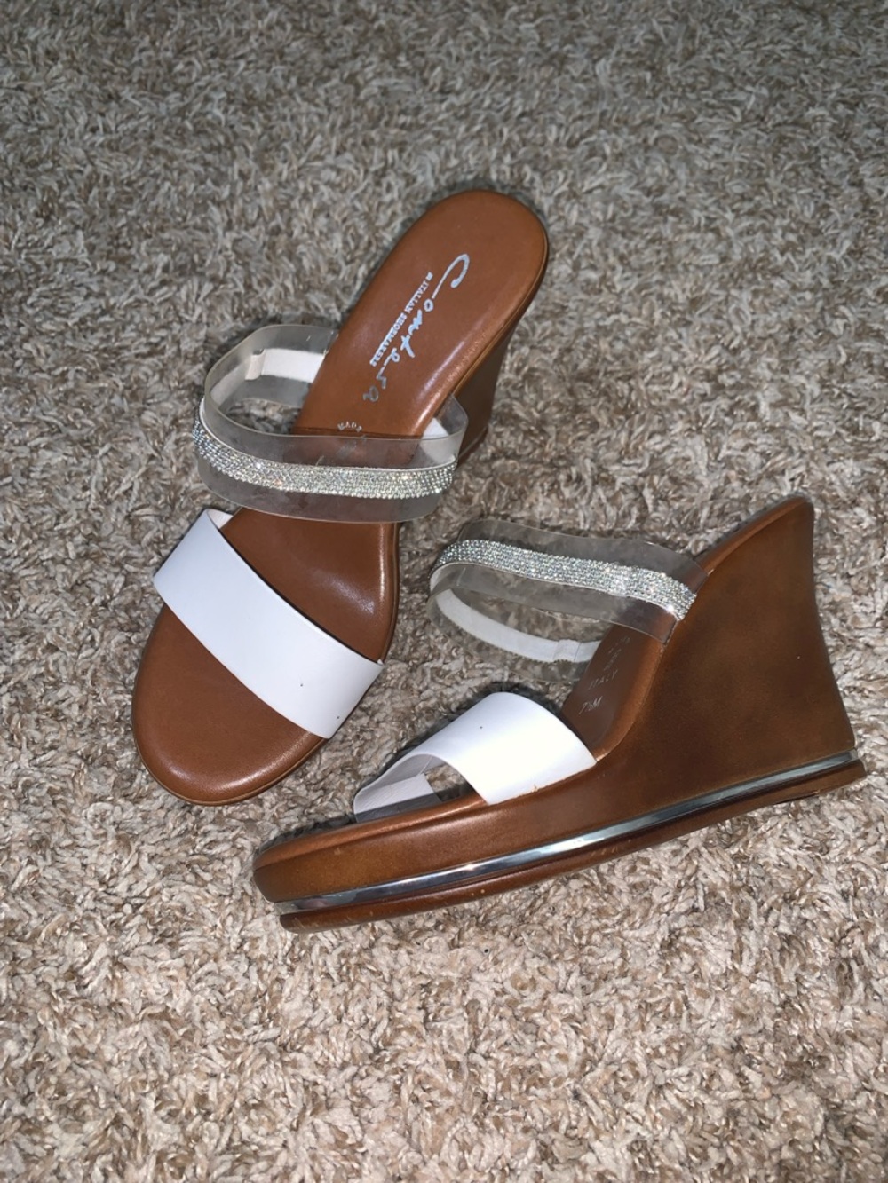Carmela White & Brown Rhinestone Wedge Sandals